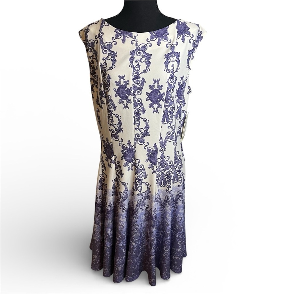 JULIAN TAYLOR Sz 14 A-Line Dress Sleeveless Stretch Midi NWT Purple White Zip